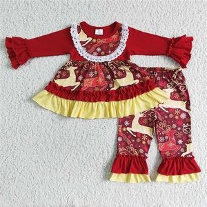 Speciella tillfällen grossist baby flicka julen renkläder röd långärmhet ruffle spets top hjort byxor set spädbarn barn snöflinge kläder 220830