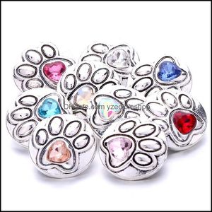 Charms Colorf Crystal Dog Paw Sier Color Snap Button Charms 여성 보석 연구 결과 애완 동물 사랑 라인톤 18mm 금속 스냅 DHSELLER2010 DHTDC