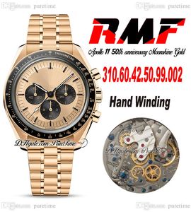 RMF Moonwatch Moonshine Manuel Sargı Kronograf Mens Watch 2022 Sarı Altın Şampanya Dial Çelik Bilezik Apollo 11 50. Yıldönümü Edition Puretime D4