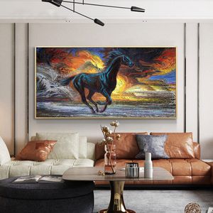 Leinwand-Malerei, modernes schwarzes Pferd mit laufendem Öl, HD-Druck auf Poster, Heimdekoration, Wandkunst, Bild für Wohnzimmer, Sofa, Cuadros