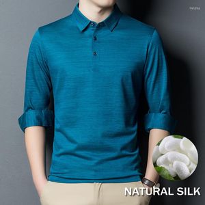 Mäns T-skjortor Luxury Silk Blended Long Sleeve Shirt Men Solid Color Collar T-shirt Brand Lätt Män Plain Top for Business