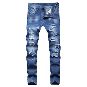 Ciemnoniebieskie męskie zgrywanie obcisłe jeansy dla motocyklistów zniszczone dziury Slim Fit spodnie dżinsowe spodnie hip-hopowe Casual Pantalones rozmiar 28-42