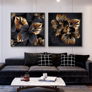 Abstract Grey With Champagne Leaves Painting On Canvas Nordic Plant Wall Art Prints And Posters For Living Room Home Decoration