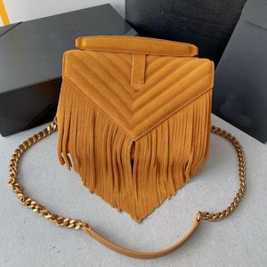 Üst tasarımcı kolej süet püskül zincirleri omuz çantaları A kalite sonbahar deri kayış çapraz gövde çantası sap bronz metal donanım çanta v-line iplik çanta