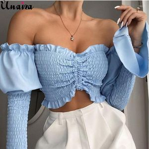 Blusas de mujer Unaiza camisa con cordón de verano para mujer, Top corto Sexy de encaje de manga larga con un hombro, pliegues de moda exquisitos 2022