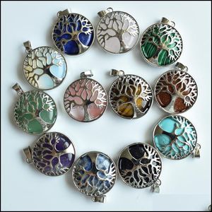 Charms Fashion Hollow Tree Of Life Healing Stone Charm Handmade Quarzo rosa Chakra Pendenti per collana Creazione di gioielli Dhseller2010 Dhn53