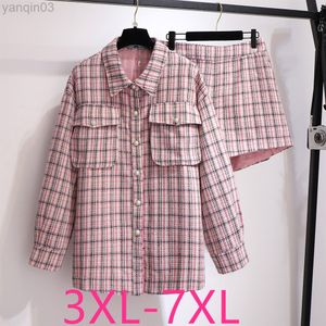 Women's Plus Size Tracksuits New 2021 Autumn Winter Plus Size Women Clothes Large Loose Long Sleeve Pink Plaid Blazers And Shorts Two Piece Sets 3XL 4XL 5XL L220905