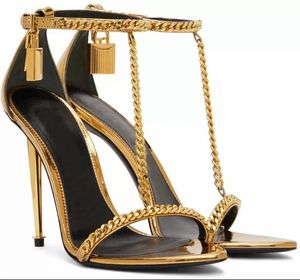 2023 Summer Popular FORD Gold Chain Link Sandals Shoes Padlock Pointy Naked Women Luxury Designer Lady High-heeled Party Wedding Gladiator Sandalias