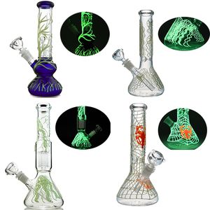 6 arms tree perc Glass Bongs Glow in the Dark Hookahs 18mm joint Water Pipe jellyfish Beaker Spider Web Bong Oil Dab Rigs Diffused Downstem with bowl GID05