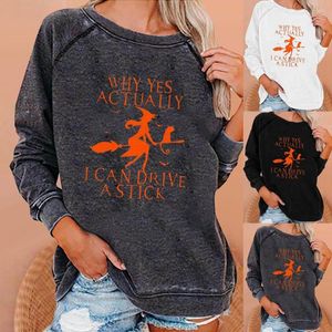 Kvinnors hoodies Letter Print Witch Cats Pattern Pullover Sweatshirt Autumn Winter O-Neck Löst Fit Women Halloween Ytterkläder
