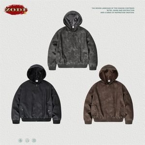 Giacche da uomo ZODF Autunno Inverno Retro 410GSM Pesante per uomo Unisex Cerniera allentata PU Cappotti con cappuccio in pelle Streetwear HY0446 220902