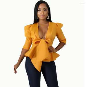 Women's Blouses Elegant Office Womens Tops And 2022 Women Deep V-neck Half Sleeve Tie Bow Peplum Shirt Blusa Plus Size Blusas Feminina