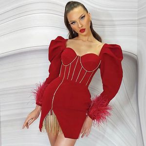 red tassel blingbling long sleeve sexy dresses autumn party evening club bandage bodycon pencil dress YS3226