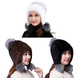 Riktiga mink päls hattar för kvinnor vinter varm mössa med tre räv päls boll