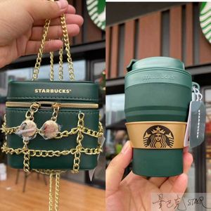 Зеленые Starbucks оптовых-Кружки Starbucks Cup Новый год подарок мл классическая зеленая силиконовая складная чашка с портативной чашкой с цепной сумкой