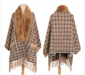 Women's Plaid Knitted Tassel Poncho Shawl Cape With Faux Fur Collar Vintage Classic Cardigan for Winter Fall Plush Size