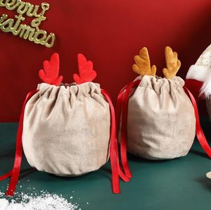 Christmas Decorations Flannelette Drawstring Bag Elk Santa Claus Candy Gift Bags Antler Halloween Christmas-Candies Bag Xmas Tree Hanging Decoration SN6772
