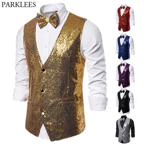 Erkekler Takımlar Blazers Parlak Altın Pullu Köpüklü Yelek Erkekler İnce Fit V 2 Parçalar Erkek Yelek Bowtie Düğün Partisi Sahne Prom Kostüm Gilet 220905