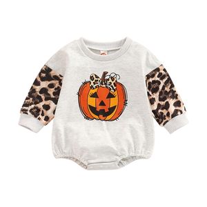 Rompers 0712 LIORITIIN 018M Spädbarn Baby Girls Halloween Bodysuit Pumpkin Leopard Tryck Långärmad jumpsuits 220919