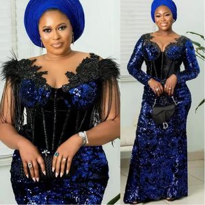 Royal Blue Sequins Valvet African Prom Dresses Sheer O-neck Long Sleeve Lace Beaded Aso Ebi Evening Engagement Gown