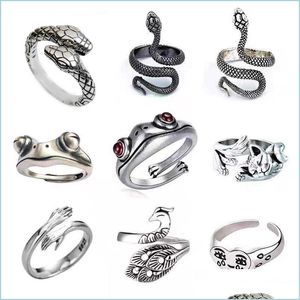 Band Rings 1 Piece Creative Design Ring Retro Punk Snake Frog Rings For Men Women Exaggerated Antique Sliver Color Opening A Sexyhanz Dh1Lq