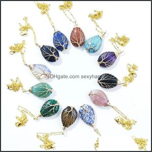 Collane con ciondolo Pietra Cristallo Waterdrop Charms Collane Spago di rame Albero della vita Ciondolo avvolgente Filo di ametista Occhio di tigre Quarzo rosa Dhide