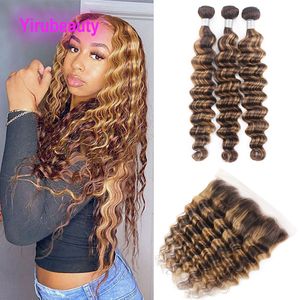 Yirubeauty Brasilianische P4/27 Klavier Farbe Lose Tiefe Bundles Mit 13X4 Spitze Frontal Baby Haar 4 Stück Lockige Produkte 10-28 zoll