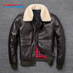 Men's Leather Faux Flight Jacket Fur Collar Genuine Top Layer Cow Men Black Brown Coat WInter 220905