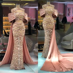 Pink Mermaid Evening Dresses Sleeveless Deep V Neck 3D Lace Satin Beaded Floor Length Appliques Sequins Beaded Celebrity Plus Size Party Gowns Prom Dress