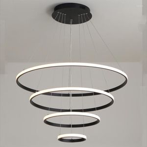 Pendant Lamps Black White Color Modern Lights For Living Room Dining Table Hanging Circle Rings LED Lighting Ceiling Lamp Fixtures