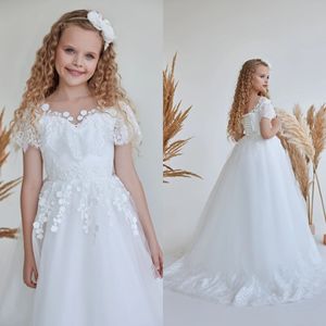 Abiti da ragazza di fiore a linea A in pizzo bianco per abiti da spettacolo a maniche corte da sposa per servizio fotografico Abito da prima comunione in tulle