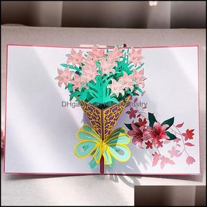 Greeting Cards Greeting Cards 3D -Up Flower Pattern Cut Post Card For Birthday Christmas Valentine Day Party Wedding Decoration Drop Dh83U