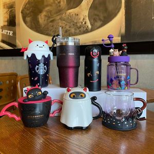 Mugs Starbucks Cup Halloween Black Cat Playful Little Devil Cat Elf Mark Straw Thermos Cup Water Cup