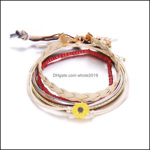 Bracelets de charme 5pcs Conjunto em camadas Wrap empilhável Wrap Bohemian Daisy Cordeiro de couro de couro ajustável Menina feminina entrega 2021 j dhxad