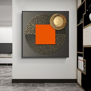 Canvas Painting Abstract Black Circle With Golden Foils Orange Geometric Nordic Wall Art Posters And Prints For Home Decor