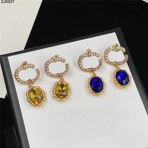 Classic Sapphire Charm Earrings Dubbel Letters Designer Studs Women Rhinestone Earndrops Jewelry With Box