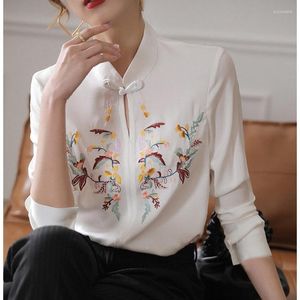 Blouses voor dames Chinese stijl imitatie zijden shirt dames design trend zware industrie borduurwerk forens retro knoopt top blouse