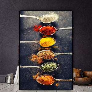 Quadro su tela Grani Spezie Peperoni Cucchiaio Poster e stampe scandinavi Decorazione della parete della cucina Arte della parete Immagine del cibo Soggiorno