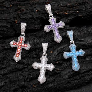 Hip Hop Full Colorful Cubic Zirconia Cross Pendant Necklace Religious Jewelry