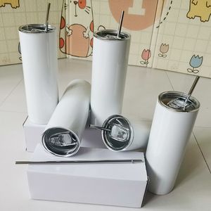 20 oz sublimering raka skinny tumblers blanks vit rostfritt stål Vakuumisolerad avsmalnande Slim DIY 20 oz kopp bil kaffemuggar med sugrör