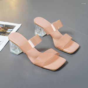 Sandals 2022 Transparent Crystal High Heels Women Plus Size Pvc Strap Party Slippers Woman Square Toe Yellow Heel Slides Adult