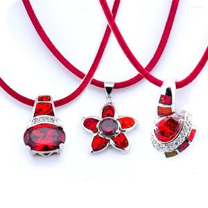 Pendant Necklaces Fashion Jewelry Silver Plated Bohemia Women Birthday Party Garnet Fire Opal Leather Cord Rope Chain Necklace OP020