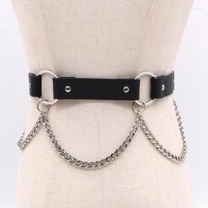 Bälten 2022 Street Women Punk Tassel Metal Chain Black Leather Symphony Midjebälte Casual Travel Men Rivet Brösttillbehör