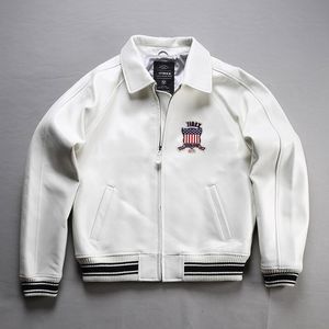 White USA Sports Bomber Skórzana kurtka skórzana kurtka Lichee Wzór motocyklowy skórzany kombinezon lotu Lapel Neck