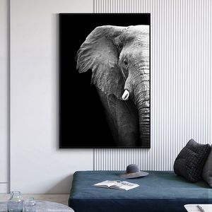 КАНВАСКАЯ ЖИВАНИЯ Черно -белая дикая половина слонов Плакаты животных и принты Cuadros Wall Picture для гостиной