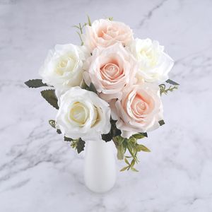 Faux Floral Greenery 6 Heads White Rose Artificial Flowers Silk High Quality For Wedding Decoration Winter Fake Large Flowers Red For Home Decor autumn J220906