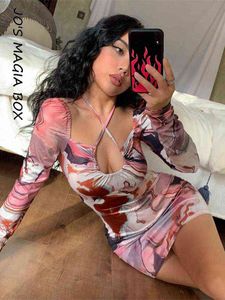 Jo's Magia Box Print de manga longa Bodycon Sexy Y2K Mini vestido feminino 2022 Summer Square Collar Casual Party Club Women Dresses T220819