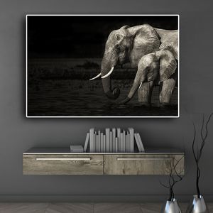 黒と白の野生動物アフリカ象キャンバス絵のポスターとプリントモダンウォールアート絵のリビングルームの装飾