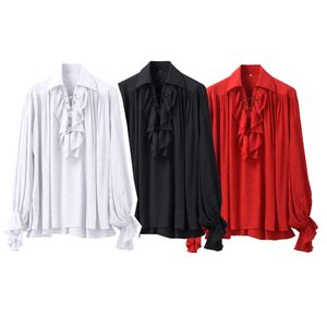 Tema kostüm korsan gömlek rönesans ortaçağ cosplay kostümleri unisex kadın erkekler vintage sömürge gotik fırfırlı şair bluz beyaz siyah kırmızı uzun kollu