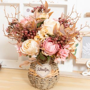 Faux Floral Greenery Vintage Artificial Silk Flowers Autumn Rose Branches Leaf Wedding Living Room Decoration Home Party Wedding Fake Plant For Vase J220906